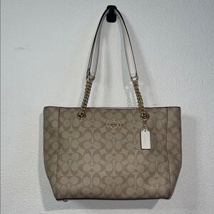 Coach Beige Signature Tote with Gold Chain